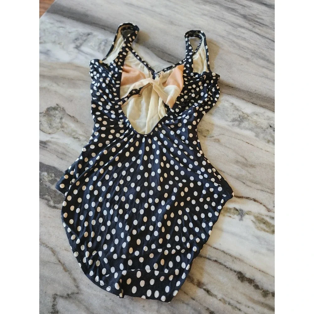 VTG 90s Polka Dot One Piece High Cut Swimsuit Retro Pin Up Daisy Crochet Trim